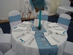 White Chair Covers and Teal Sashes